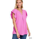 ZENANA women's ruffled sleeve high-low top in pink, featuring a V-neck design and flutter sleeves