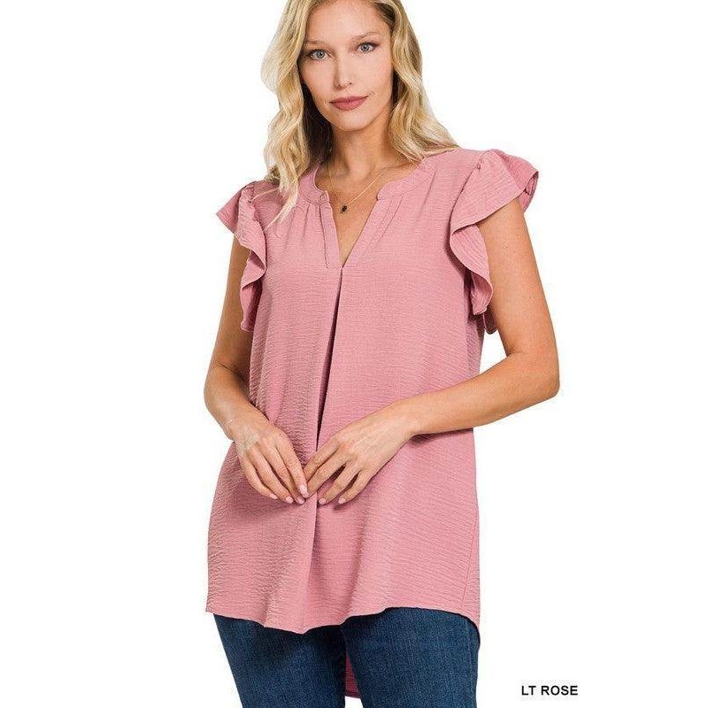 ZENANA ruffled sleeve high-low top in light rose with a stylish v-neck design