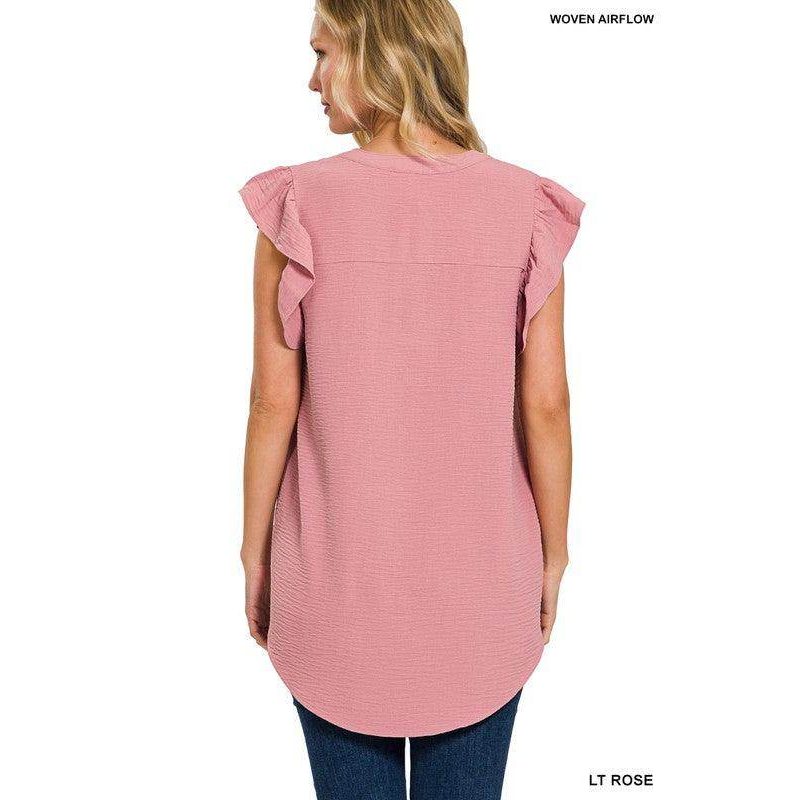 ZENANA ruffled sleeve high-low top in light rose with a relaxed fit for stylish comfort