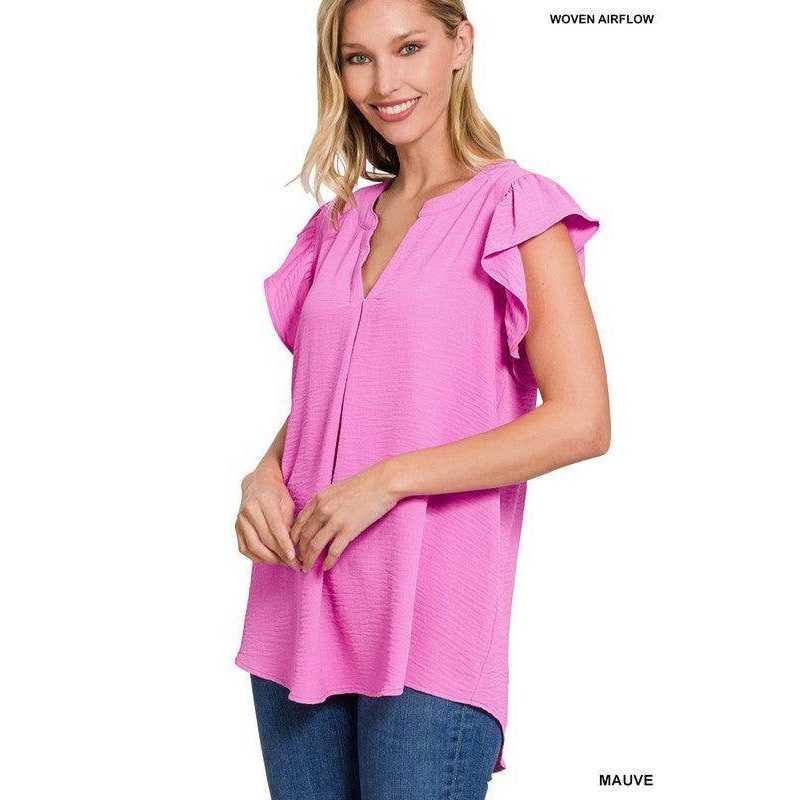Pink ZENANA ruffled sleeve high-low top with a stylish v-neck for a trendy look