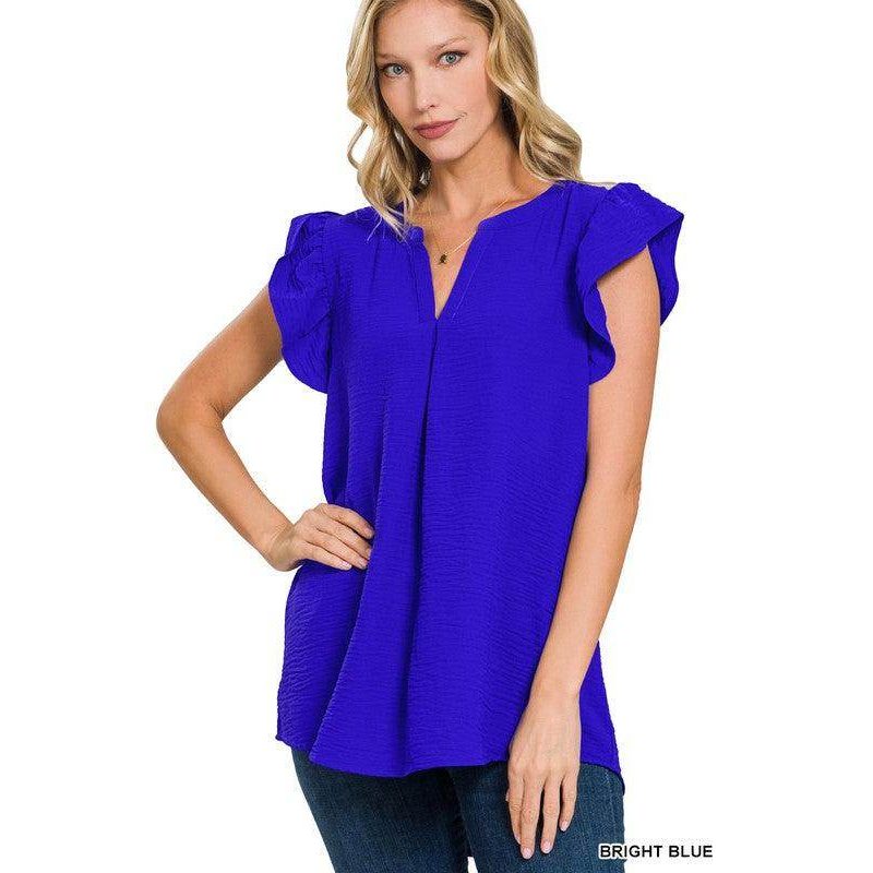 Bright blue ruffled sleeve high-low top from ZENANA featuring a relaxed fit and V-neckline