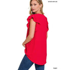 ZENANA ruffled sleeve high-low top in vibrant ruby color with stylish flutter sleeves