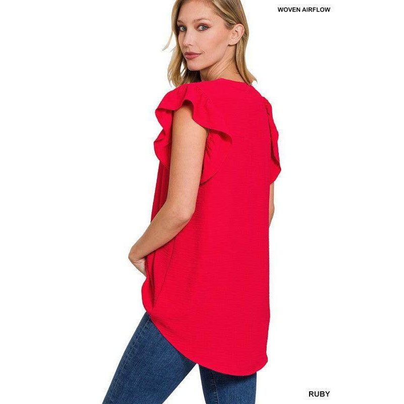 ZENANA ruffled sleeve high-low top in vibrant ruby color with stylish flutter sleeves
