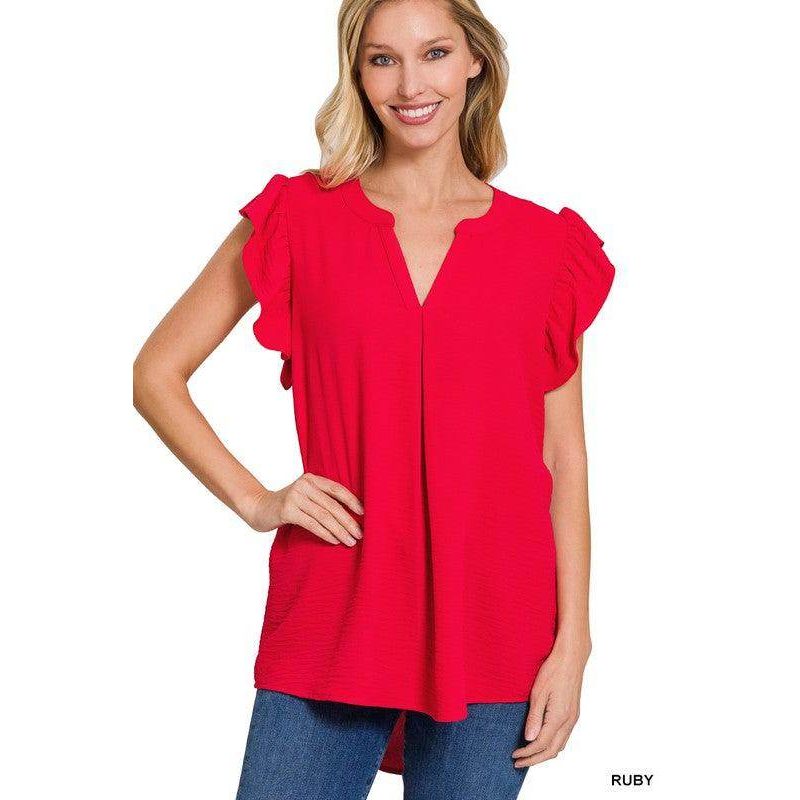Zenana ruffled sleeve high-low top in vibrant red, featuring a stylish V-neck design