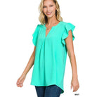 Mint ZENANA ruffled sleeve high-low top with a relaxed fit and elegant style for women
