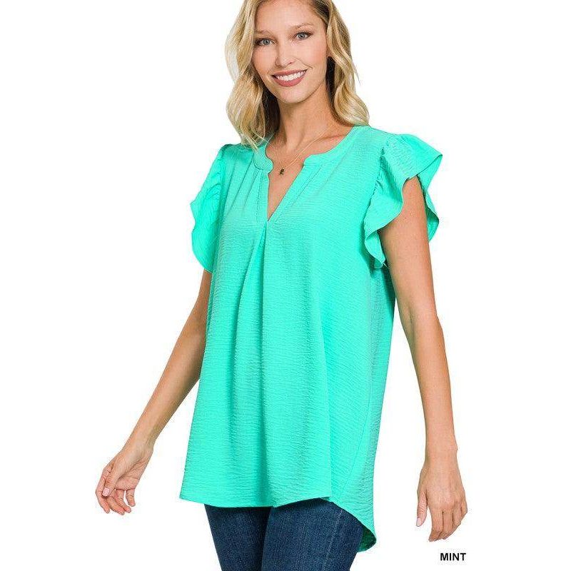 Mint ZENANA ruffled sleeve high-low top with a relaxed fit and elegant style for women