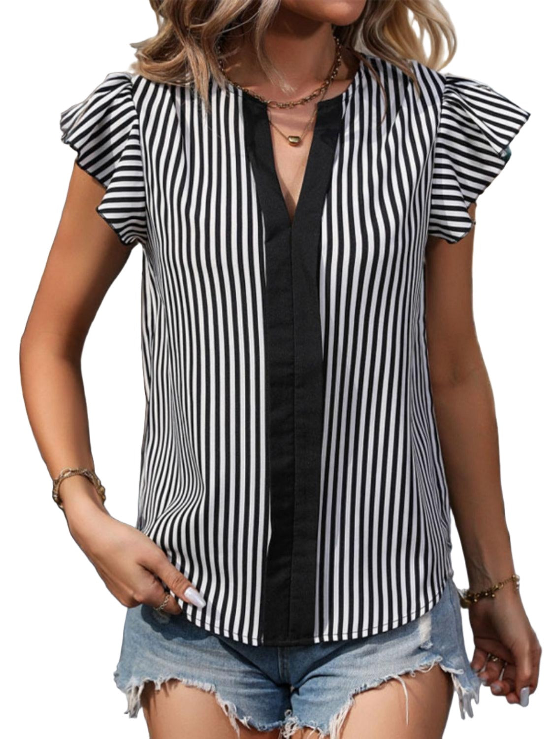 Women's Shirts Ruffled Striped Notched Cap Sleeve Blouse
