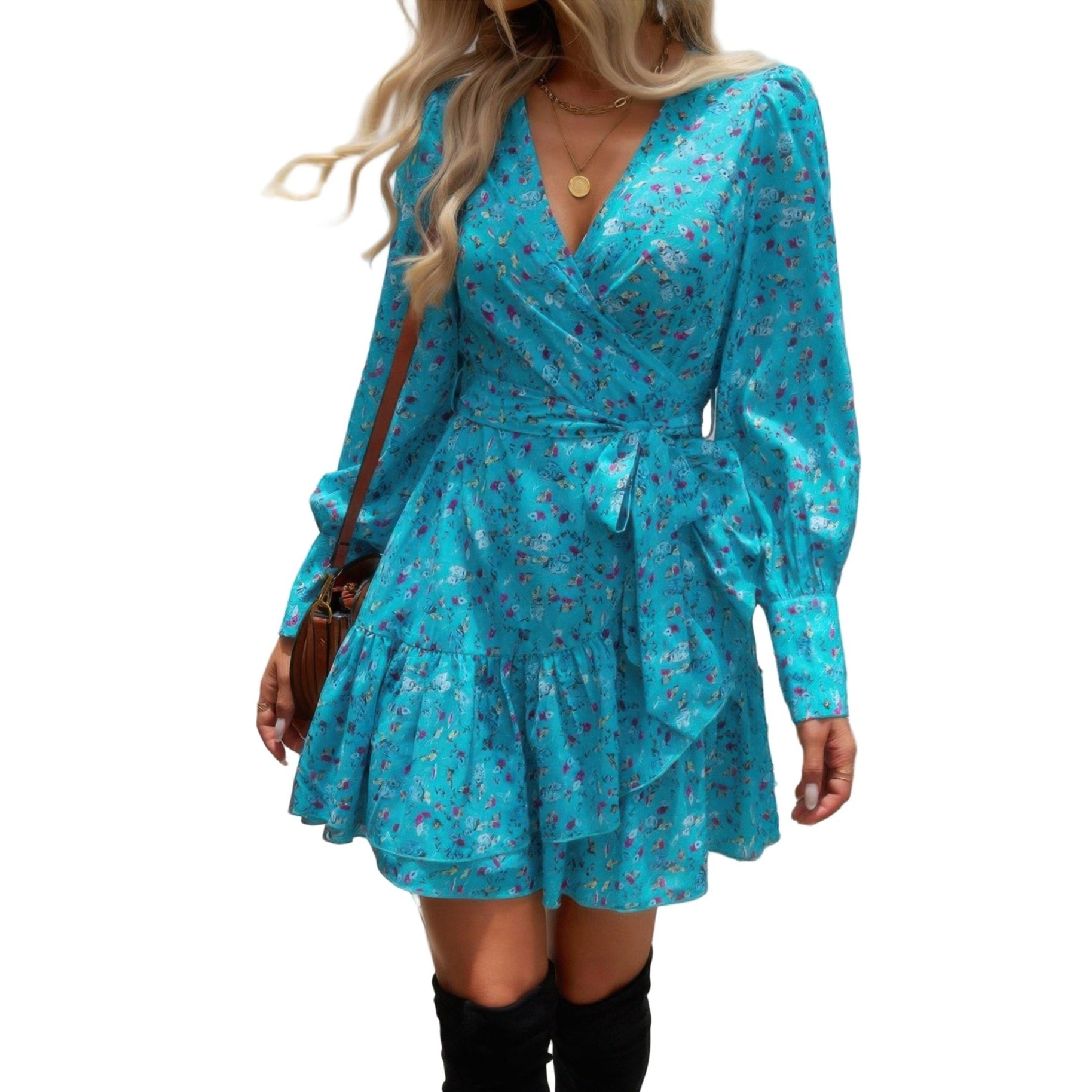 VacationGrabs ruffled surplice mini dress in blue with floral print and long sleeves