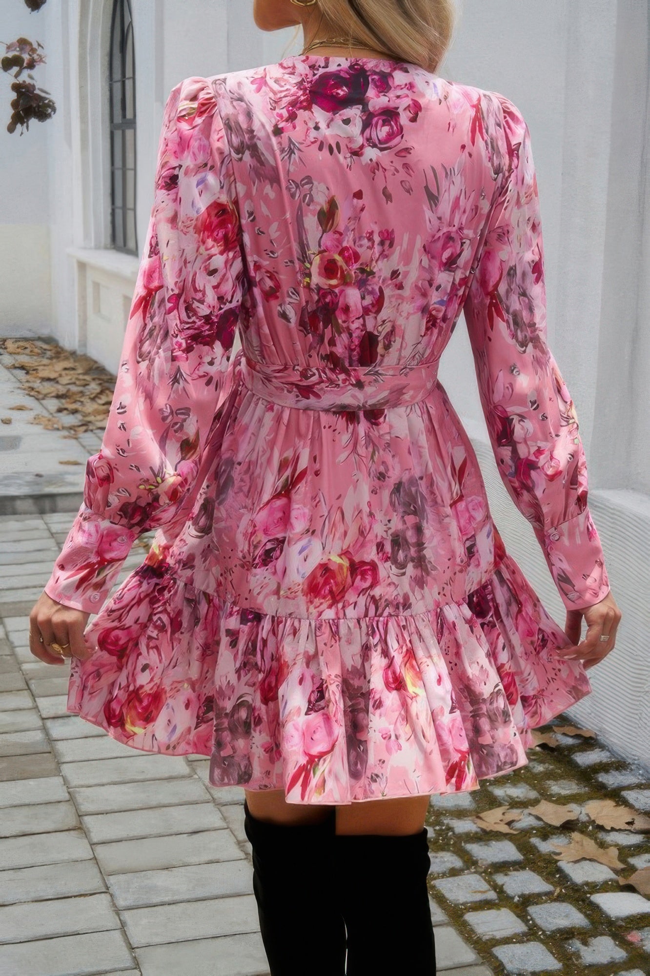 Pink floral ruffled surplice mini dress from VacationGrabs with long sleeves and a stylish back view