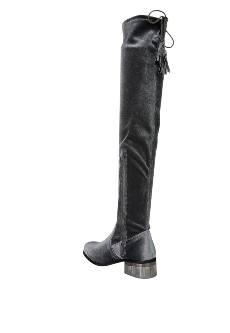 Rumple Velvet Over The Knee Clear Heel Boots