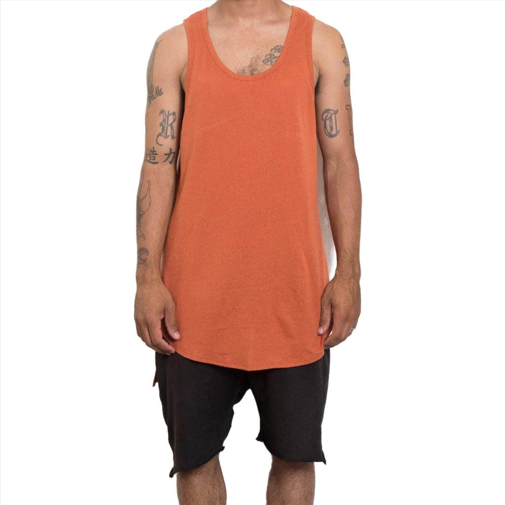 Rust tank top for men from VacationGrabs, featuring a relaxed fit and sleeveless design