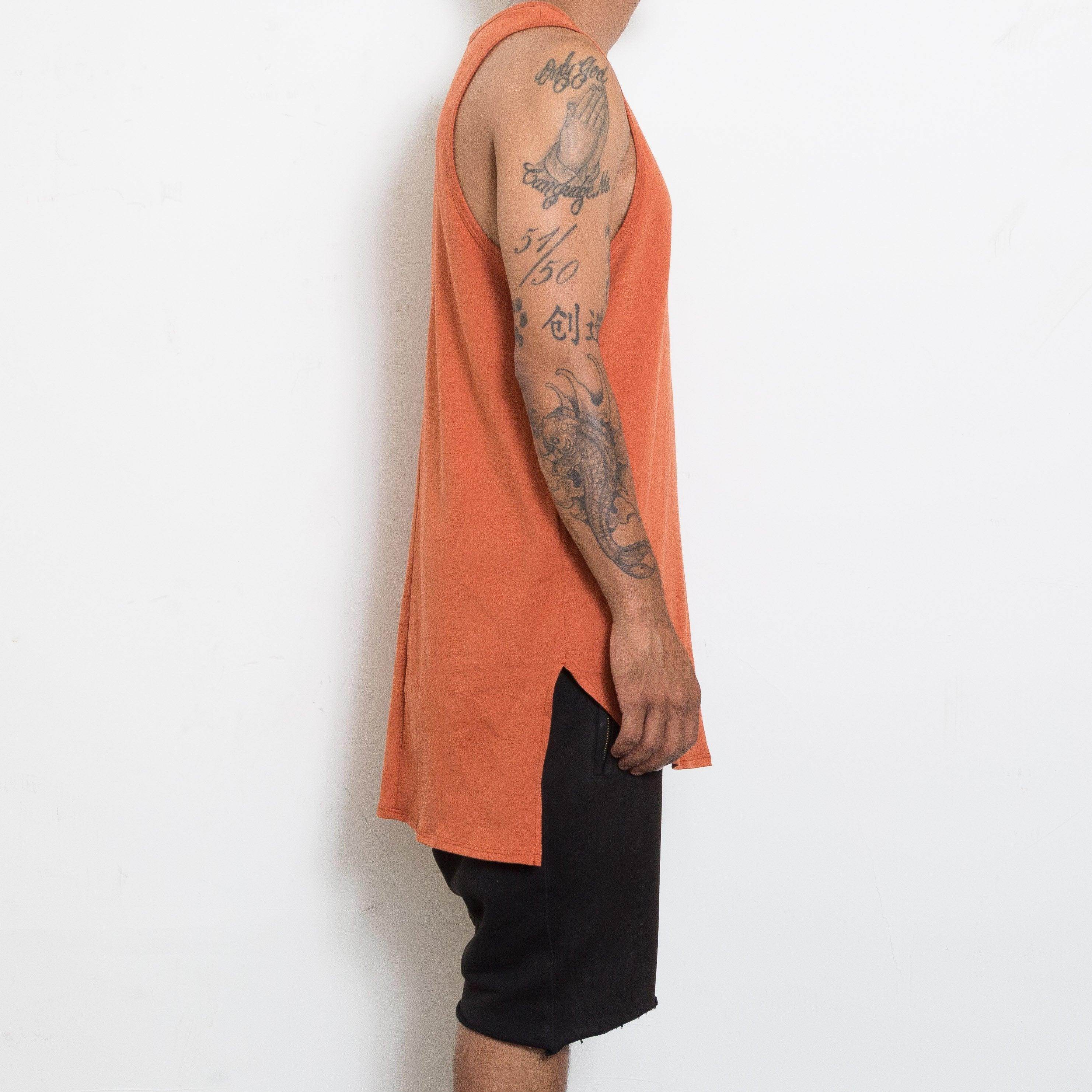 Rust tank top for men with sleeveless design and side slits for a relaxed fit