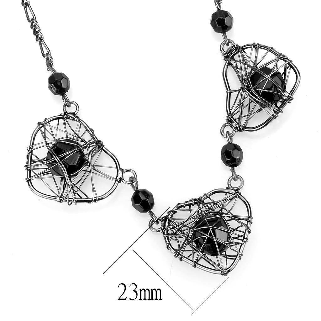 VacationGrabs ruthenium metal necklace featuring unique wire design with black beads and geometric shapes