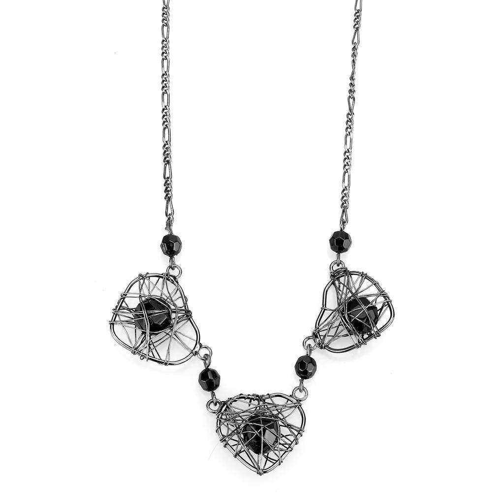 VacationsGrabs ruthenium metal necklace with heart-shaped wire designs and black beads