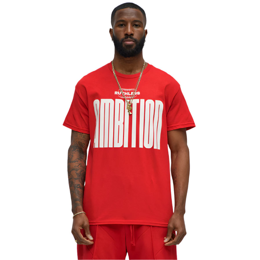Red ruthless ambition t-shirt for men with bold white lettering worn by male model