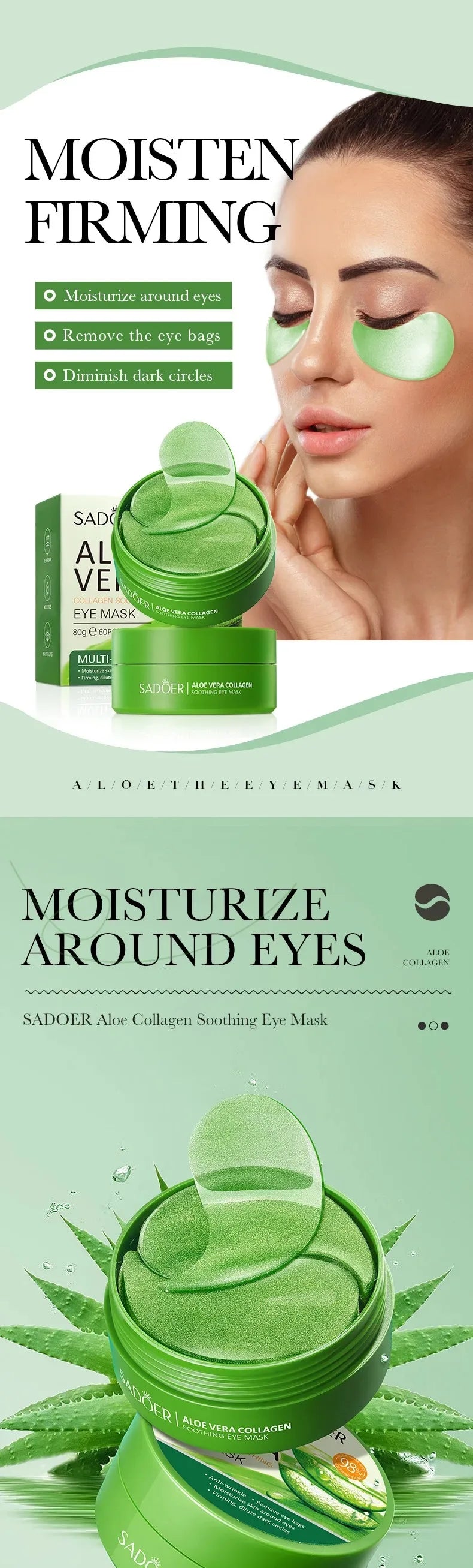 Aloe vera collagen eye mask, green gel, hydrating for dark circles