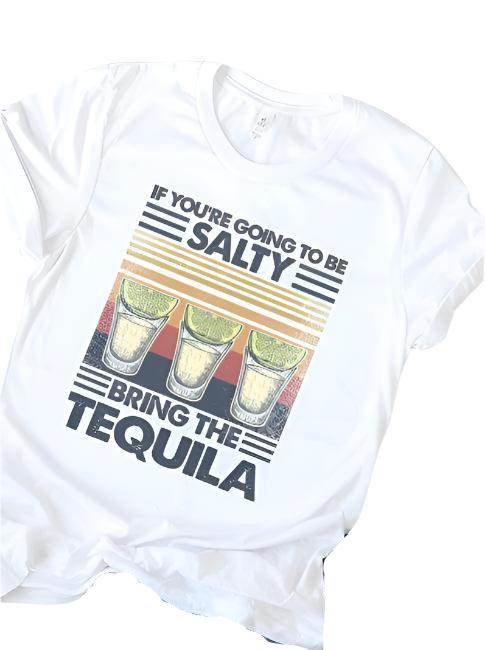 Kissed Apparel salty tequila shirt featuring a fun graphic with margaritas and vibrant colors