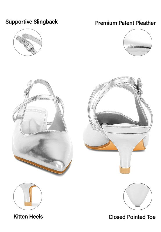 Silver kitten heel slingback sandals in premium patent pleather