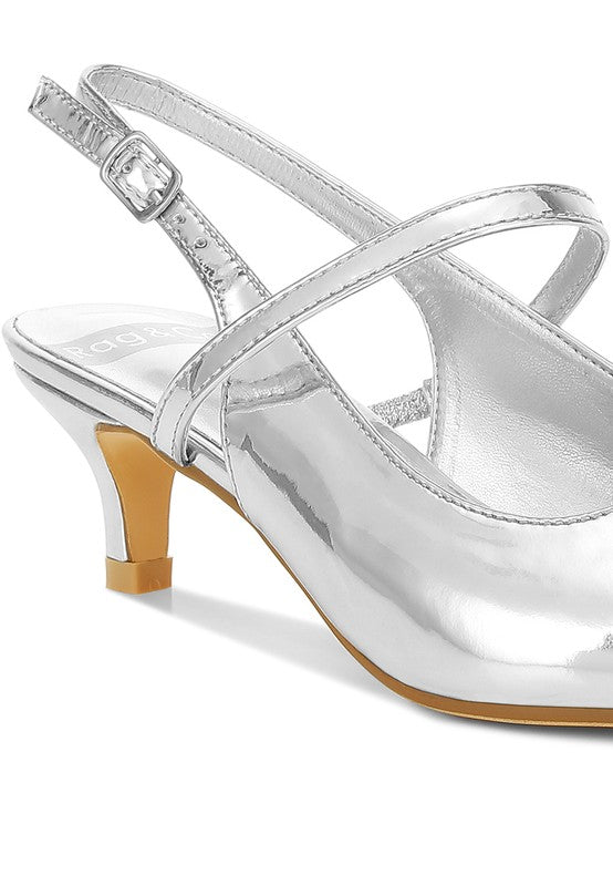 Women's silver kitten heel slingback sandals for elegant occasions