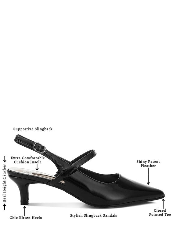 Women's black kitten heel slingback sandals with shiny patent pleather