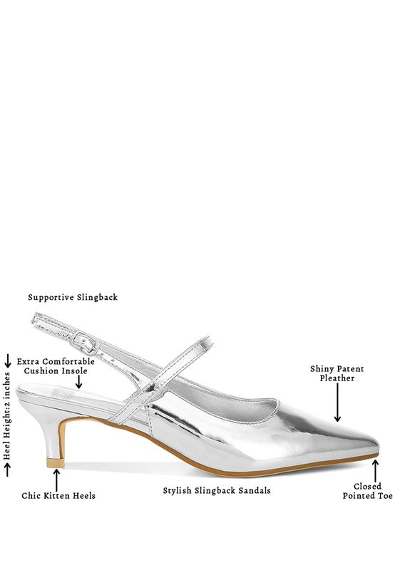 Women's shiny silver kitten heel slingback sandals for stylish occasions