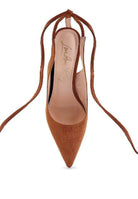 Rag Company Women's Heels in Brown Suede, Perfect for vacation style sandals with elegant pointed toe design