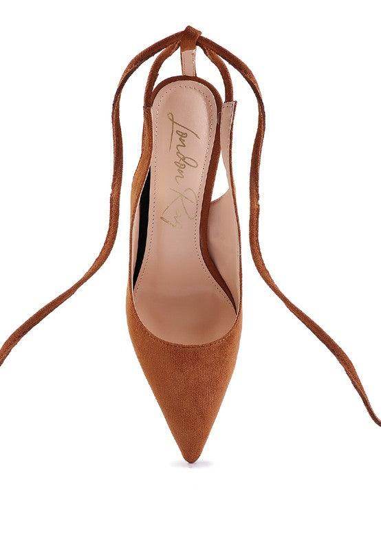 Rag Company Women's Heels in Brown Suede, Perfect for vacation style sandals with elegant pointed toe design