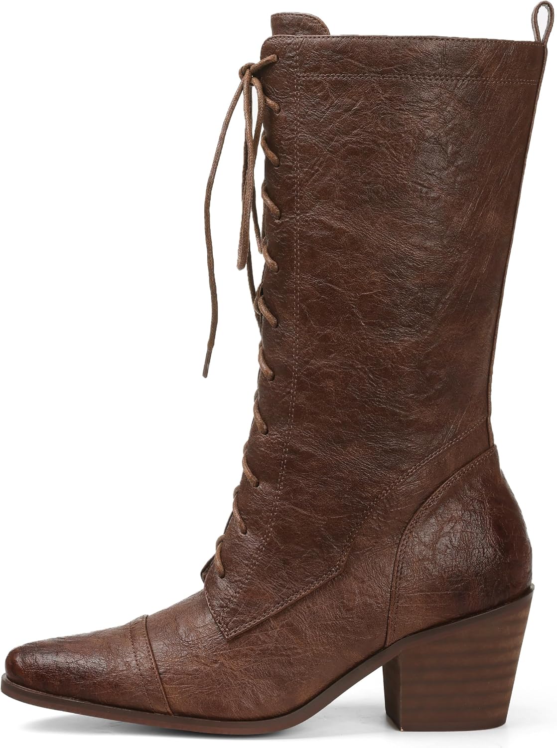 SaraIris Women's Black Mid Calf Boots Lace Up Chunky Heel Vintage Combat Heeled Dress Casual Boots – close-up upper detail