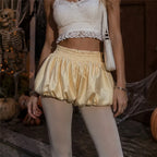 Women's satin and lace shorts in yellow for stylish casual wear