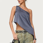 Women's gray satin camisole, stylish one-shoulder design for casual outings
