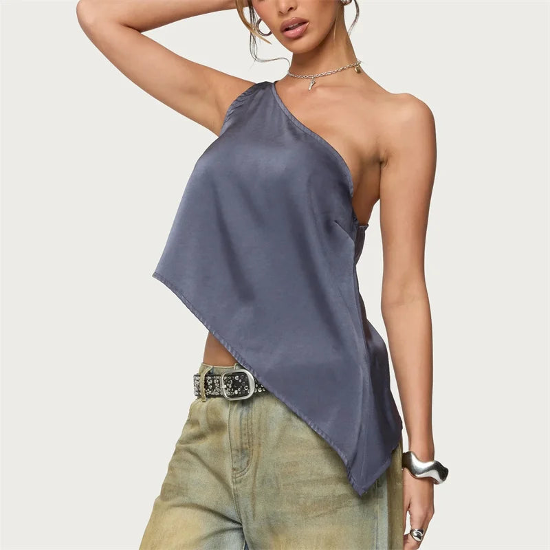 Women's satin camisole in dark blue for elegant summer outings