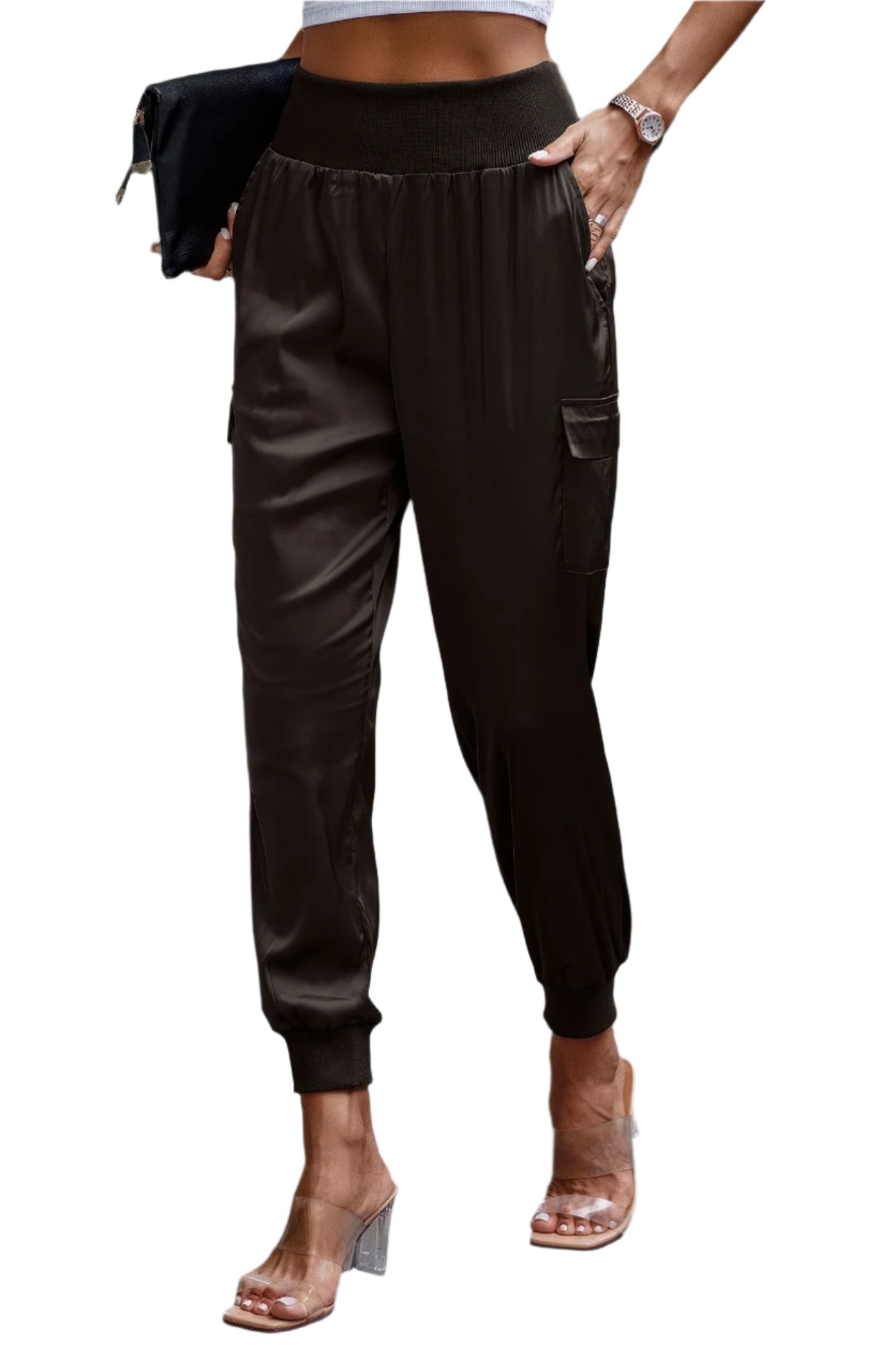 VacationGrabs women's black satin cargo joggers with elastic waistband and ankle cuffs