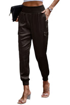 VacationGrabs women's black satin cargo joggers with elastic waistband and ankle cuffs