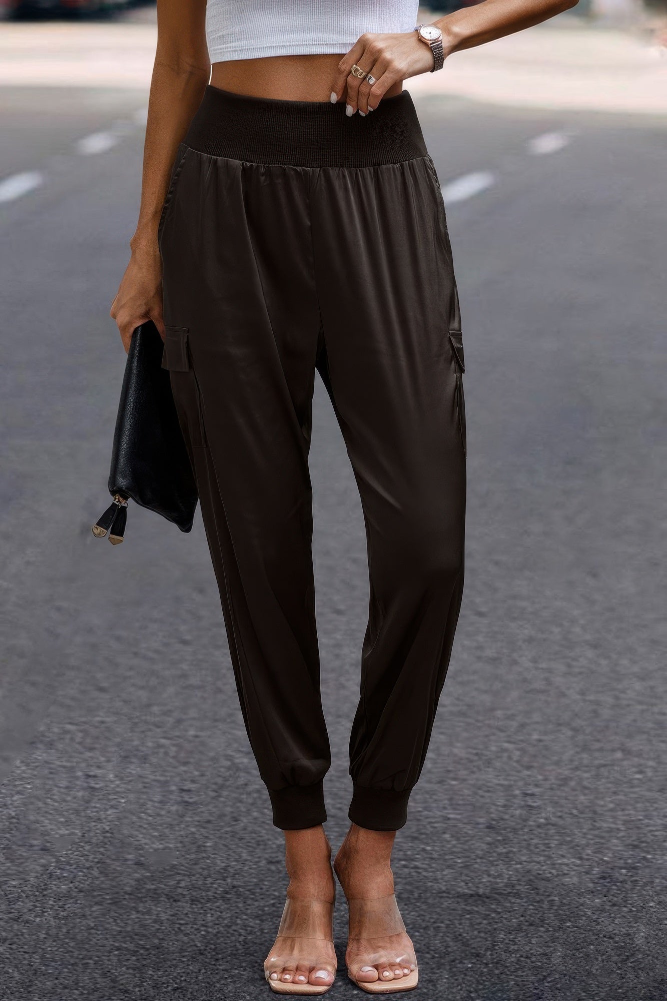 Women's satin cargo joggers in black with elastic waistband and cuffed ankles by VacationGrabs