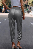 VacationGrabs women's satin cargo joggers in gray with a high waist and side pockets