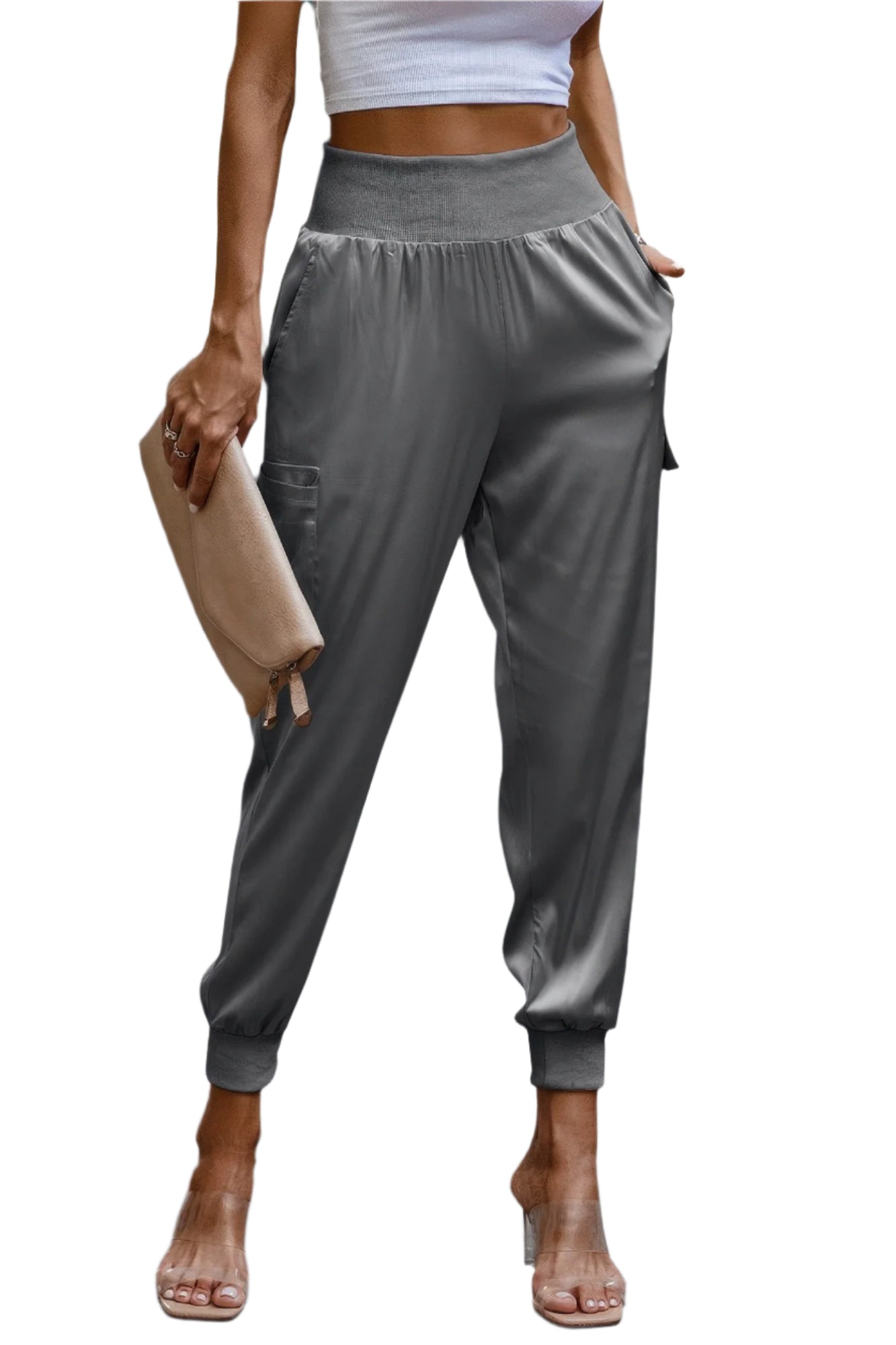 VacationGrabs women's gray satin cargo joggers with elastic waist and cuffed ankles