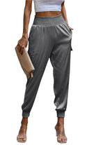 VacationGrabs women's gray satin cargo joggers with elastic waist and cuffed ankles