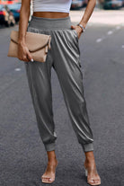 VacationGrabs women's gray satin cargo joggers with elastic waistband and cuffed ankles