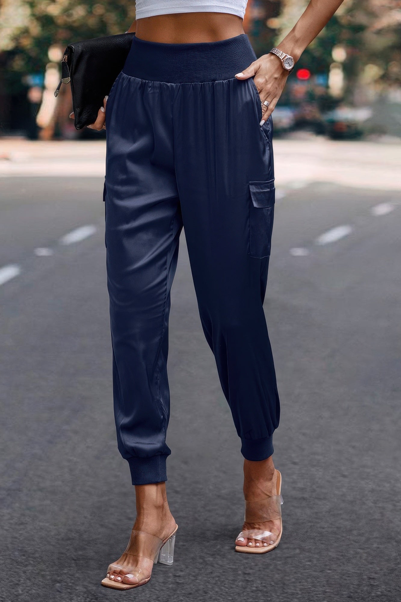 VacationGrabs women's satin cargo joggers in navy blue with elastic waistband and side pocket