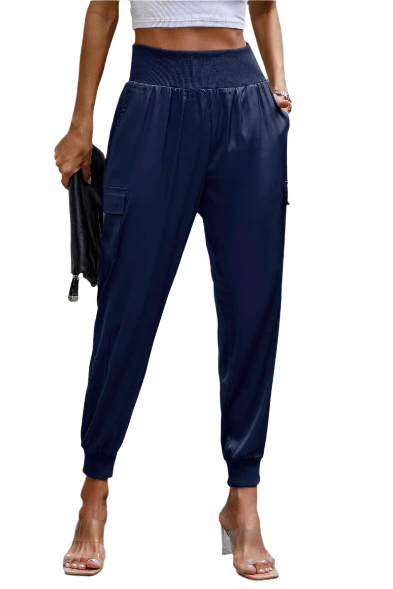 VacationGrabs women's navy satin cargo joggers with high waist and side pockets styled with clear heels