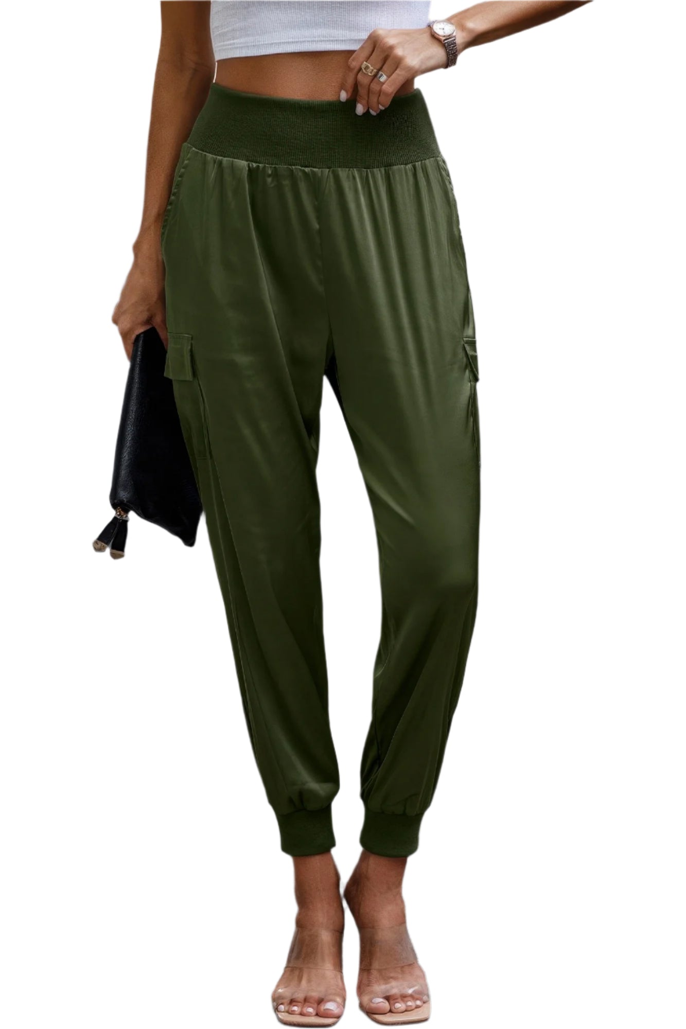 VacationGrabs women's olive green satin cargo joggers with elastic waistband and cuffed ankles