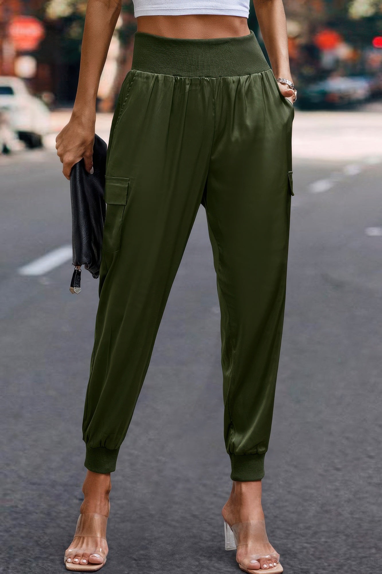 VacationGrabs women's olive green satin cargo joggers with elastic waist and side pockets