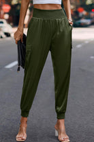 VacationGrabs women's olive green satin cargo joggers with elastic waist and side pockets