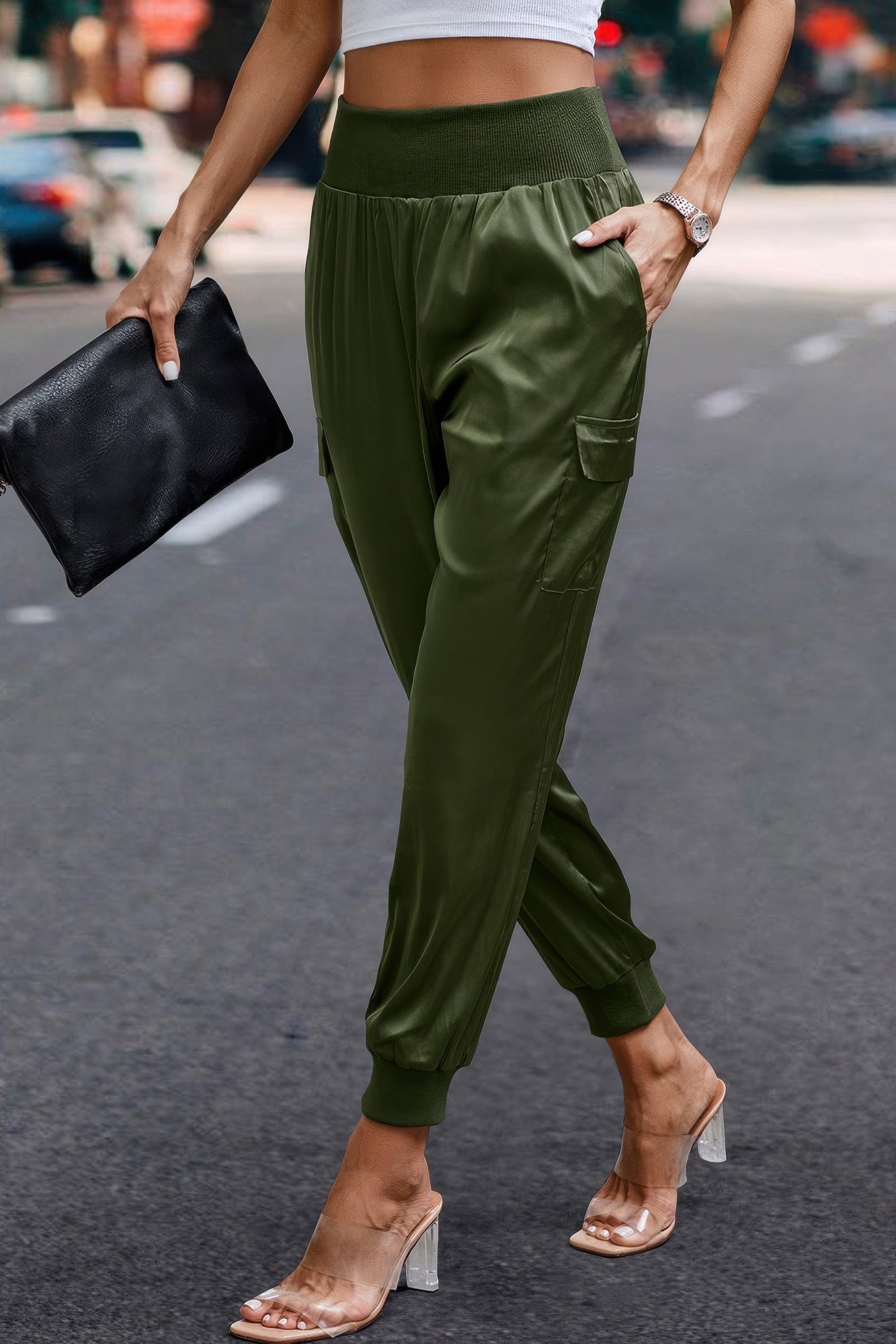 Women's olive green satin cargo joggers from VacationGrabs with elastic waist and cuffed ankles