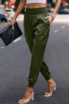 Women's olive green satin cargo joggers from VacationGrabs with elastic waist and cuffed ankles