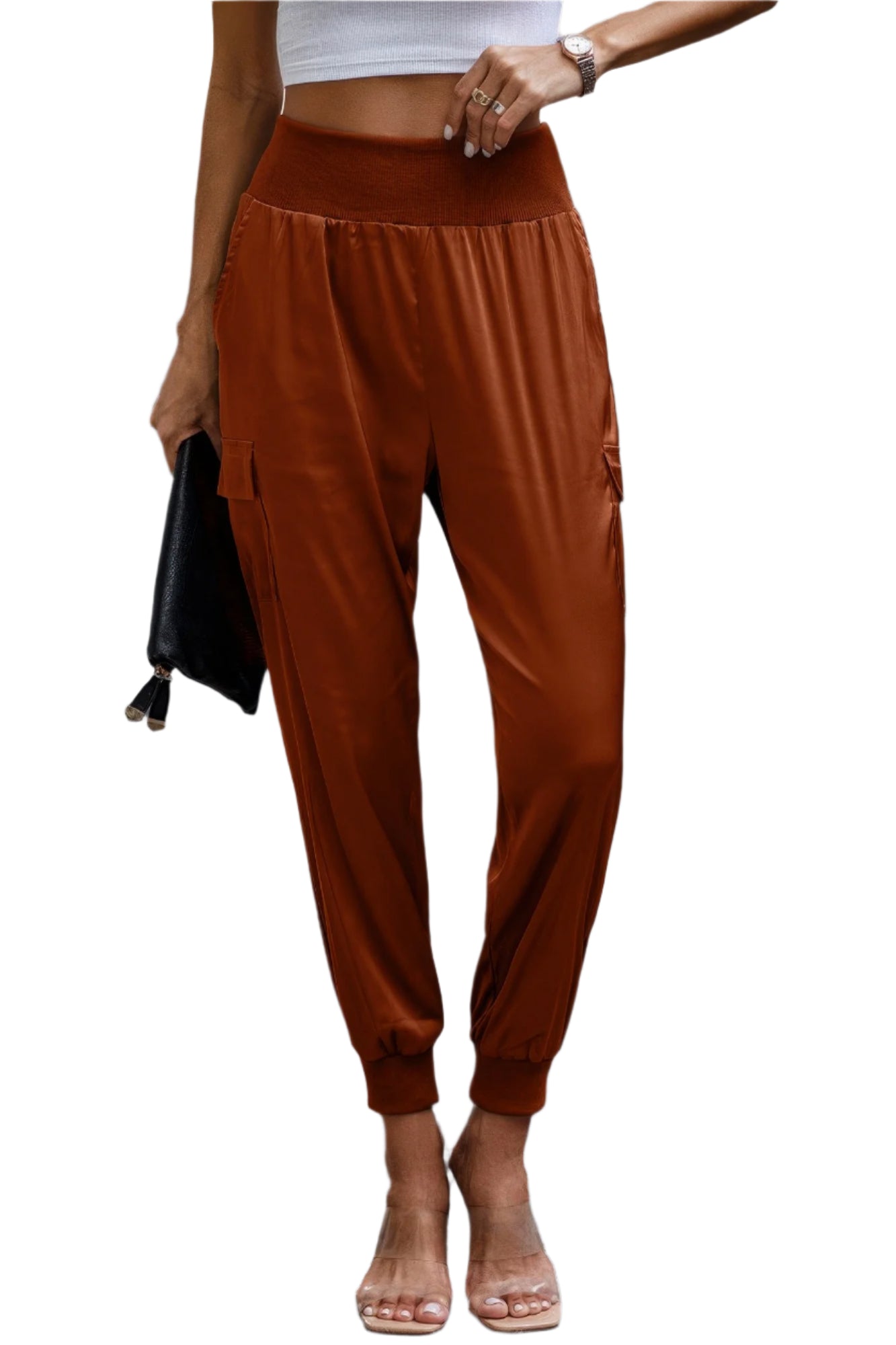 VacationGrabs women's rust brown satin cargo joggers with elastic waistband and cuffed ankles