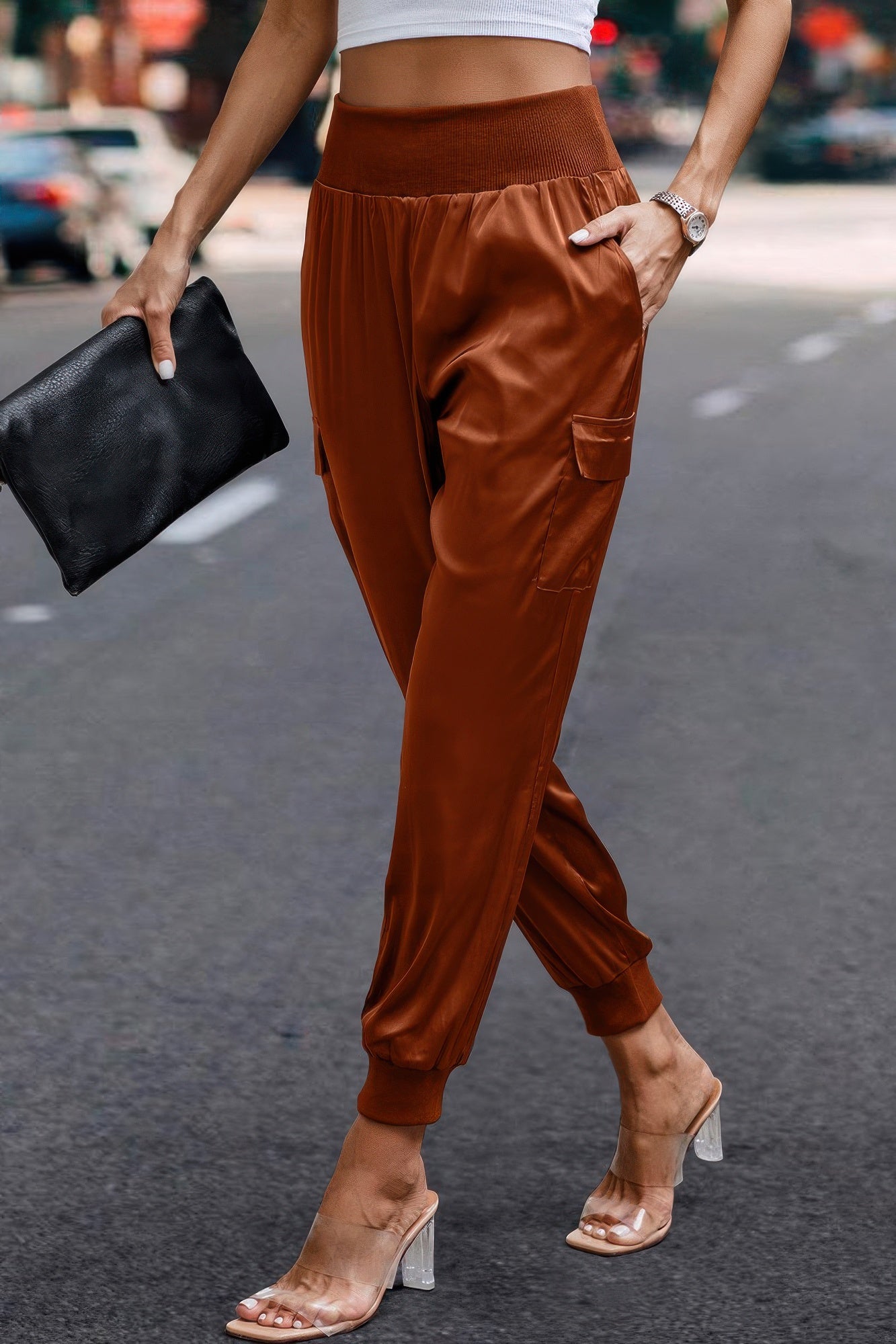 VacationGrabs women's brown satin cargo joggers with elastic waistband and cuffed ankles