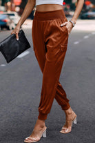 VacationGrabs women's brown satin cargo joggers with elastic waistband and cuffed ankles