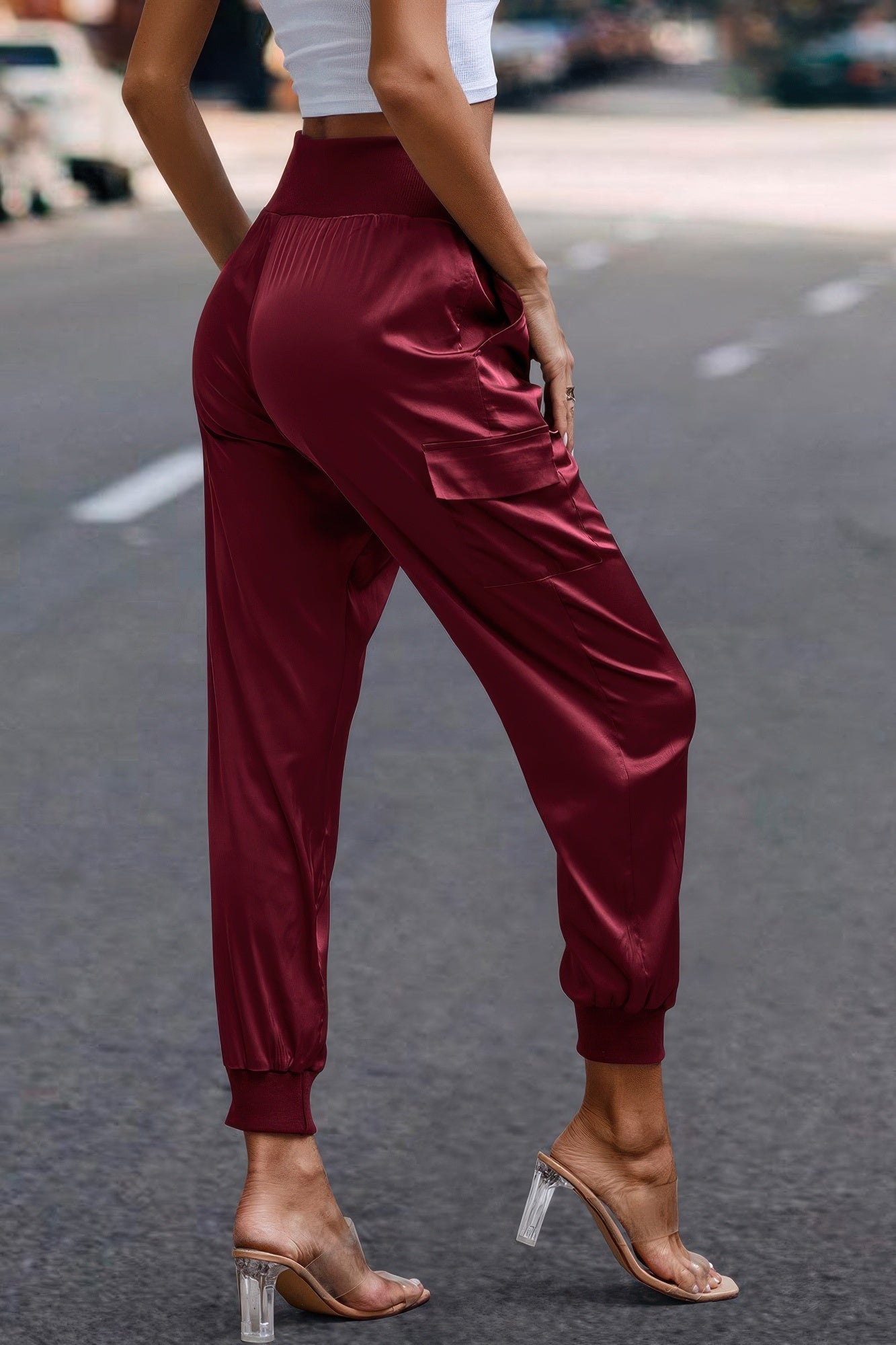 VacationGrabs women's satin cargo joggers in burgundy with elastic cuffs and side pockets