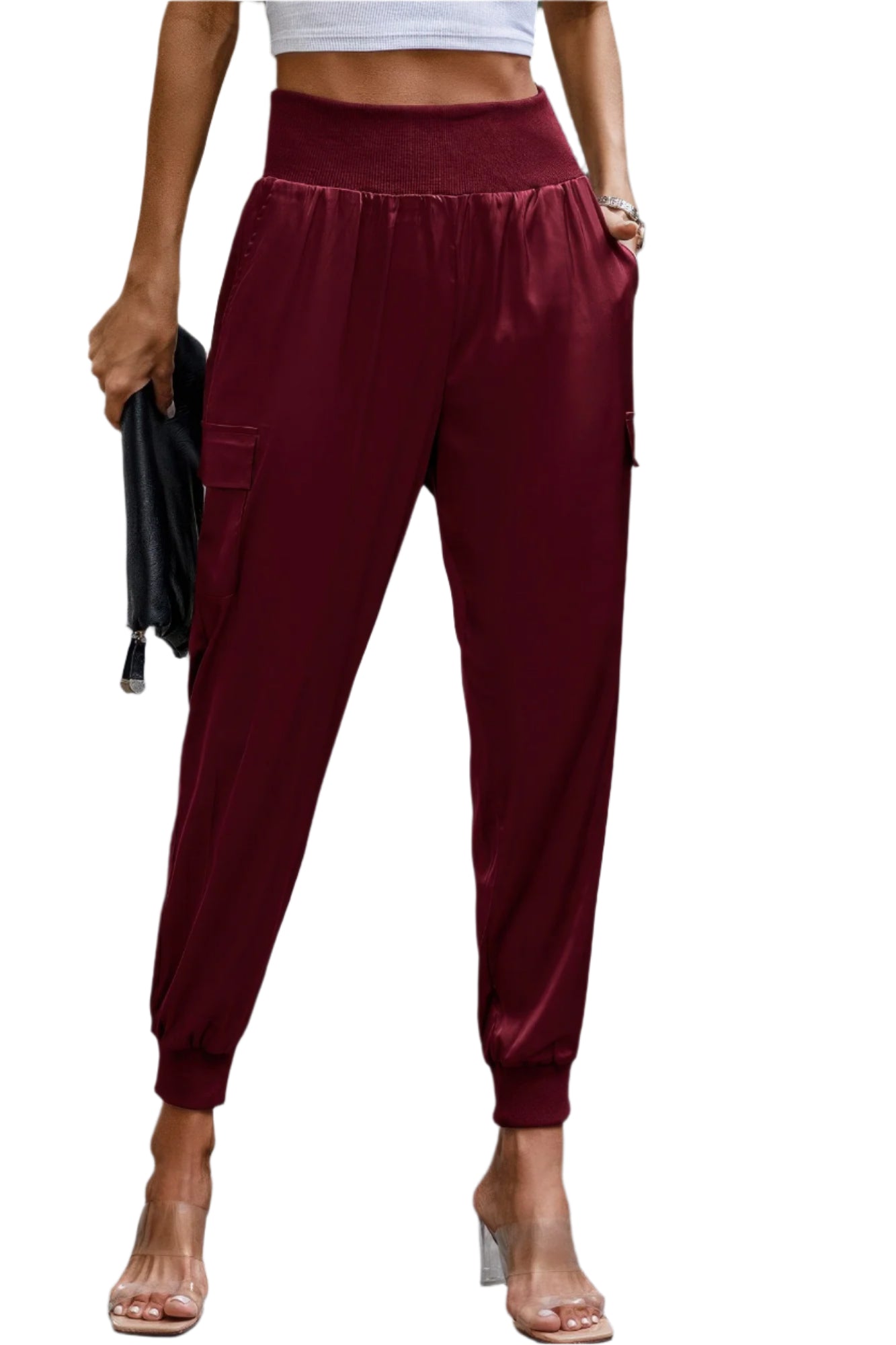 VacationGrabs women's satin cargo joggers in burgundy with elastic waistband and side pockets
